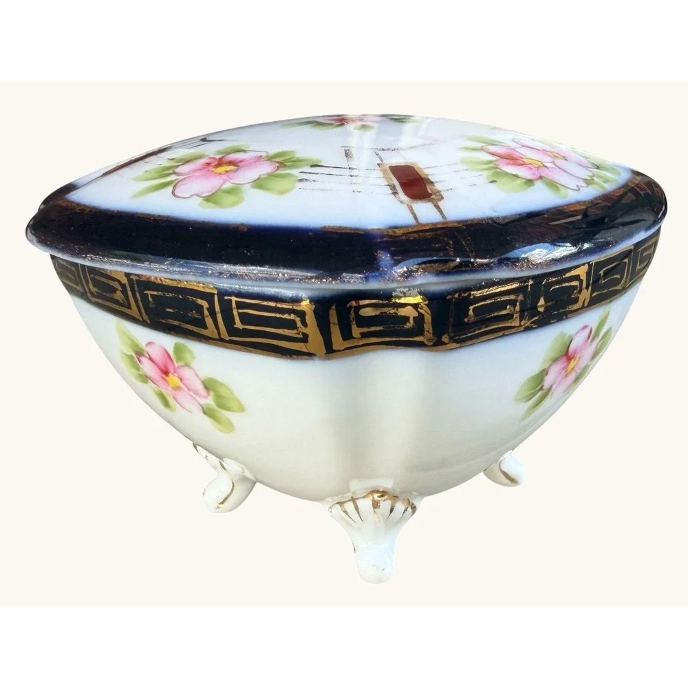 Antique Nippon Powder Jar- Morimura Wreath- Footed Porcelain Trinket Box Cobalt